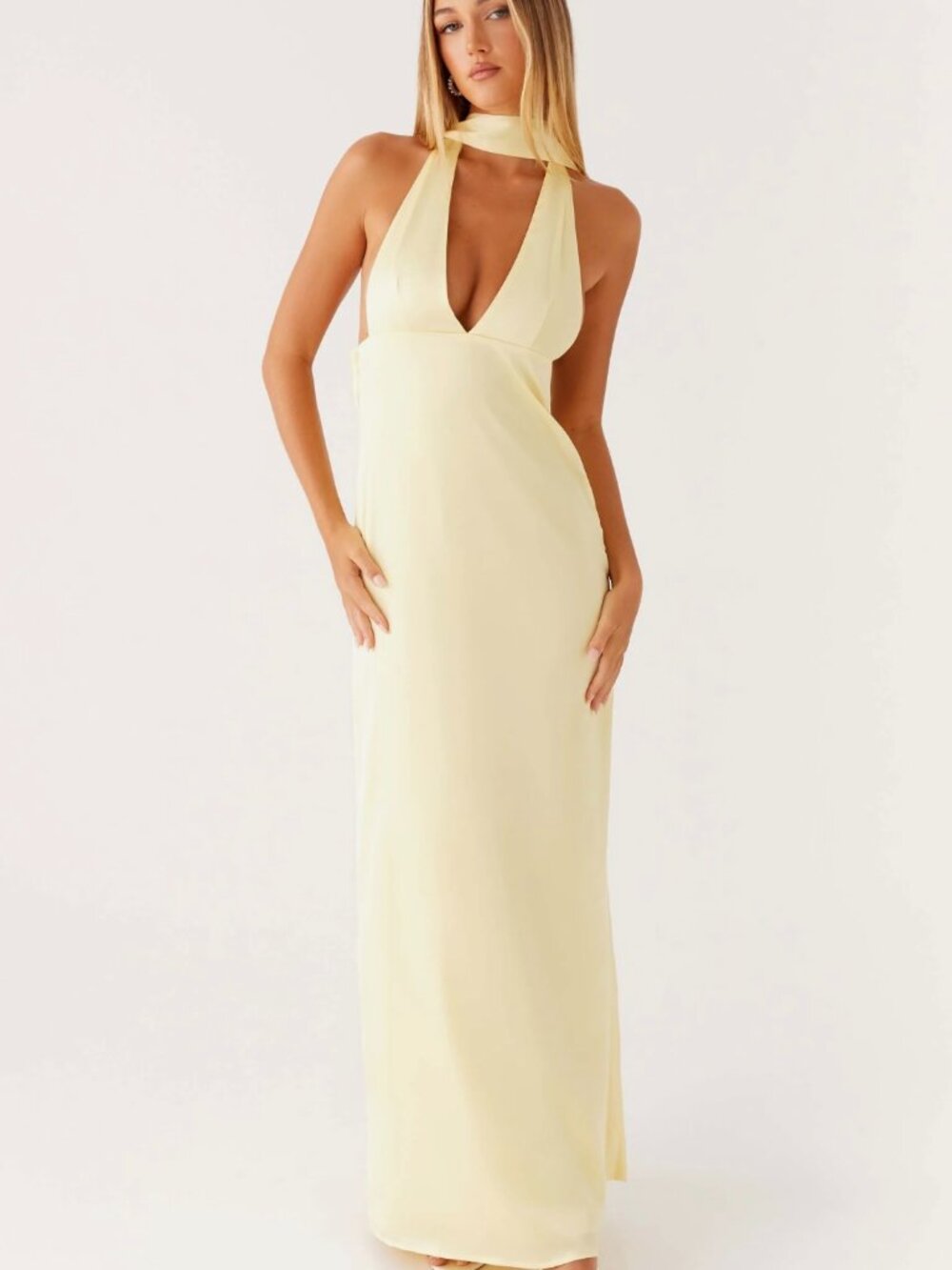 Alicia Satin Halter Maxi Dress - Yellow